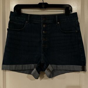 Express Stretch Midi High Rise Button Fly Shorts